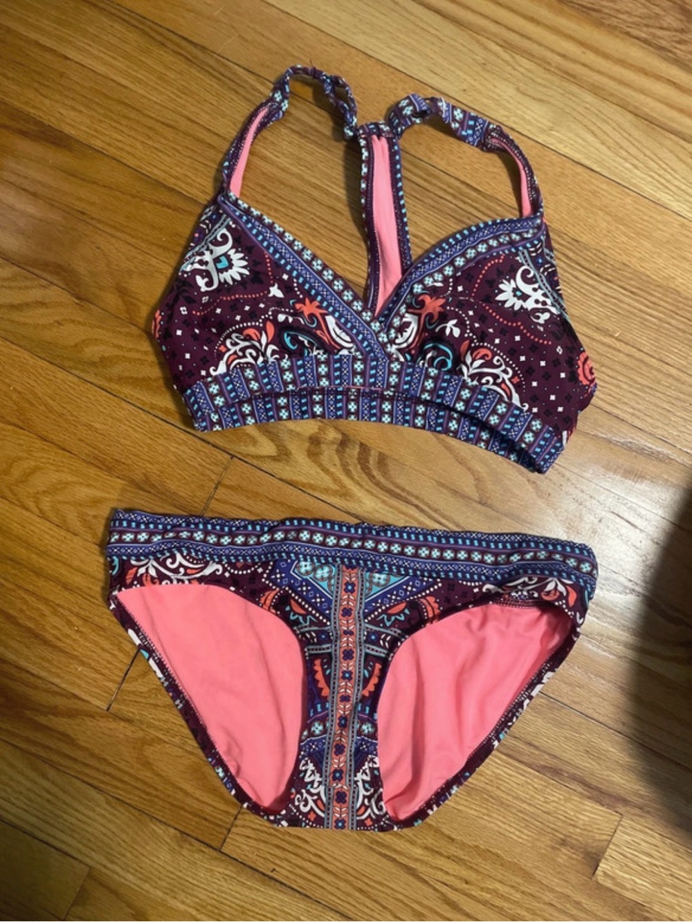 Title Nine Maroon Paisley Bikini Set with Coral Pink Lining